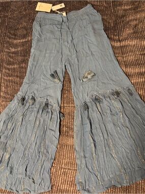 Boho Wide-Leg Fringe Detail Pants in Light Blue